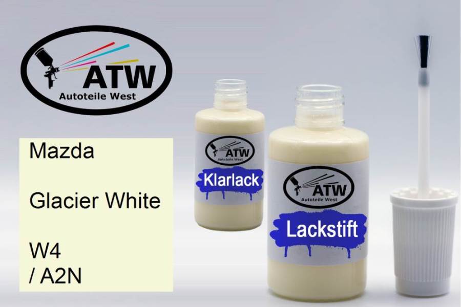 Mazda, Glacier White, W4 / A2N: 20ml Lackstift + 20ml Klarlack - Set, von ATW Autoteile West.